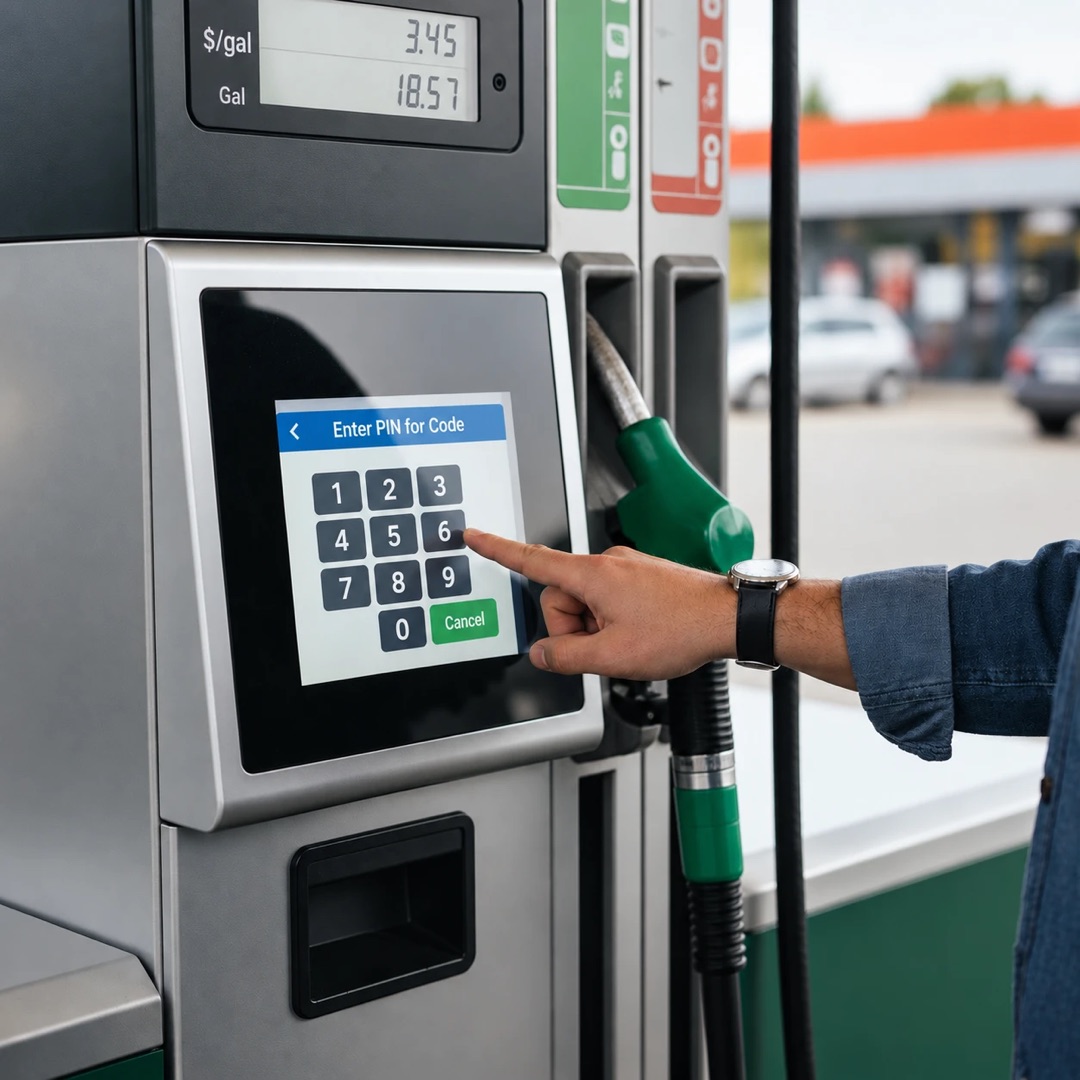 A driver entering a fuel code on the pump keypad